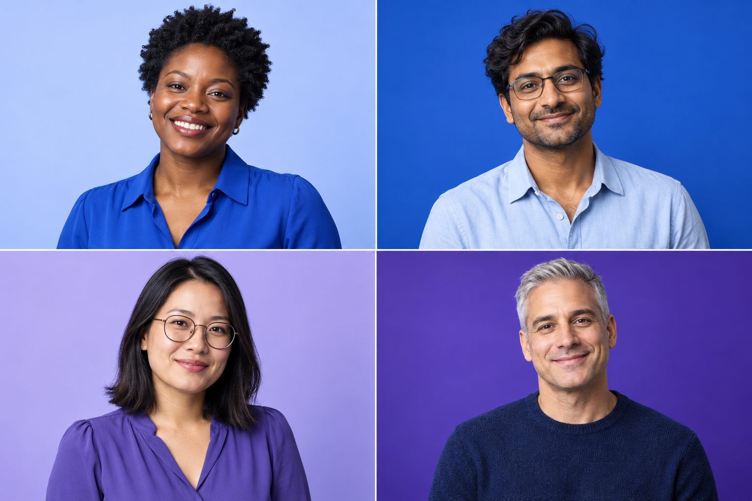Four AI-generated fictional professionals with varied skin tones, hairstyles and glasses, against blue and purple backgrounds